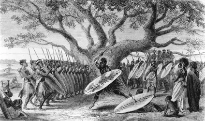 Dance of the Landeens, or Zulus, Arrived at the Shupanga to Lift the Annual Tribute of the Portuguese, engraved by Josiah Wood Whymper